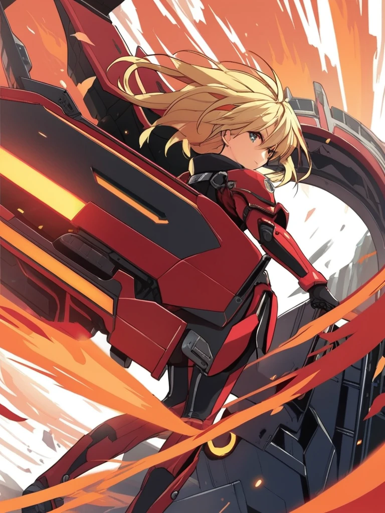 The image depicts a female anime character with long blonde hair and black and red armor, she has a robotic right arm, wielding a curved flaming sword and a large cybernetic shield. She appears to be in a futuristic or sci-fi setting, surrounded by mechanical structures.