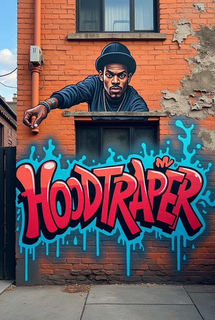cartoon painting the title HOODTRAPPER in graffiti on a wall of a building