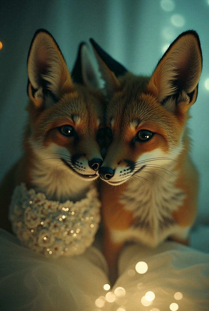 (Sumilux f1.4 36mm , Polaroid film , low Latitude old color negative film , cross process , (bokeh), Long exposure , blur , flare, chromatic aberration , (soft focus), (Shallow focus) , soft glow , Maximum aperture, low Key , Transparent depiction , Tyndall) , (The Fox's Wedding) , (fox ear:0.5) , horror , Newlyweds' First Night , moist thin eyes , glossy lips , Swollen cheeks
