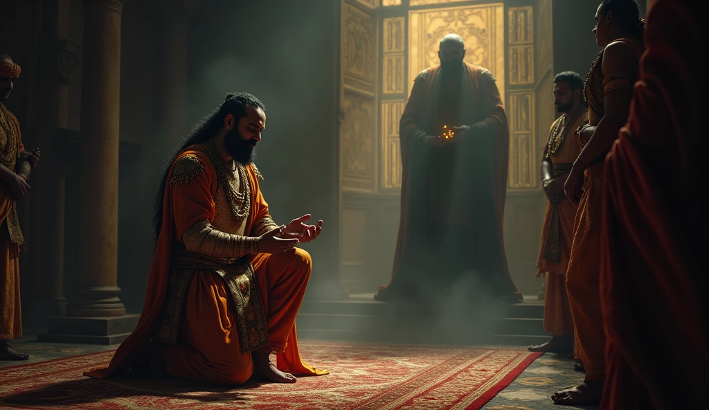 Shakuni, dressed in royal attire, kneels before Dhritarashtra and Gandhari, his face calm and loyal. Behind him, a shadowy reflection reveals his true sinister expression, with the bone dice glowing faintly in his hand. The contrast between his outward loyalty and inner deceit is emphasized.