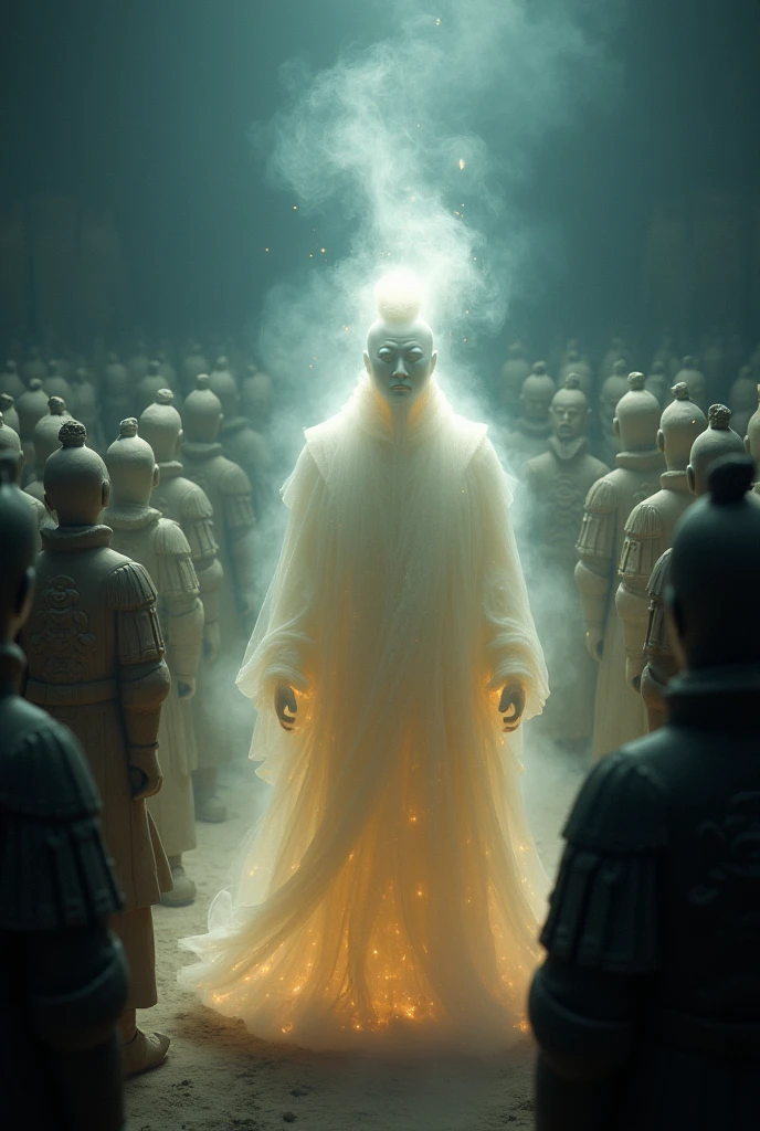 The emperor’s spirit surrounded by the Terracotta Army, ethereal and protective, UHD, dramatic.