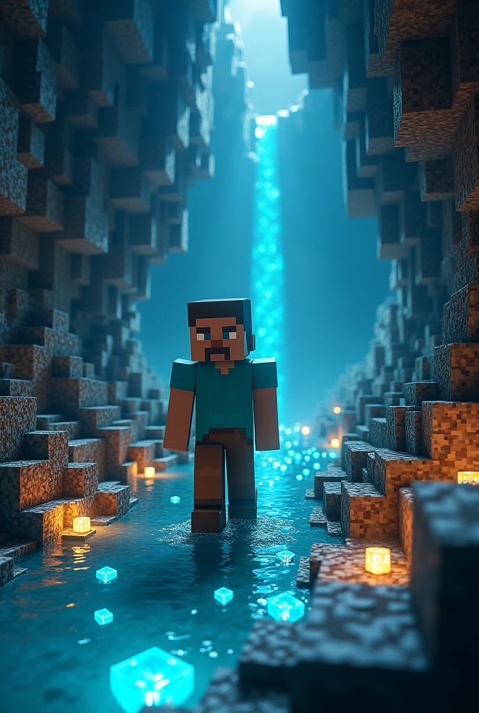 Steve in Minecraft cave with tons of diamond ore