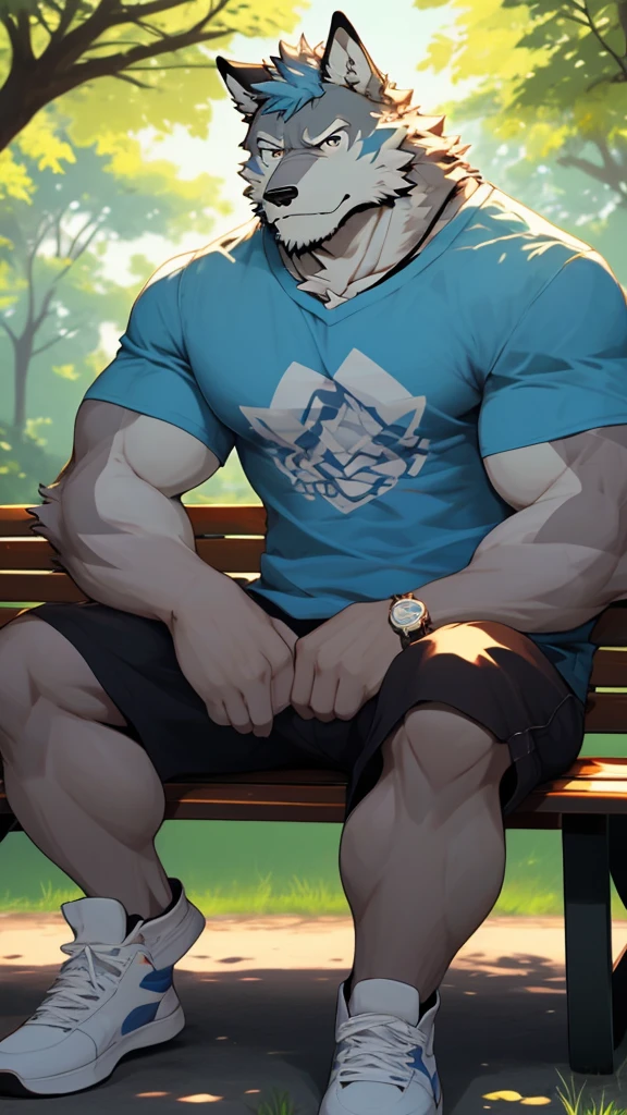 A Picture In front of A Very Muscular Furry Gray Wolf. He is Sitting On A Bench in A Park Forest. He is wearing A Blue short and white T-shirt with short Blue Sleeve. He have A Frowning Face. He is looking at you