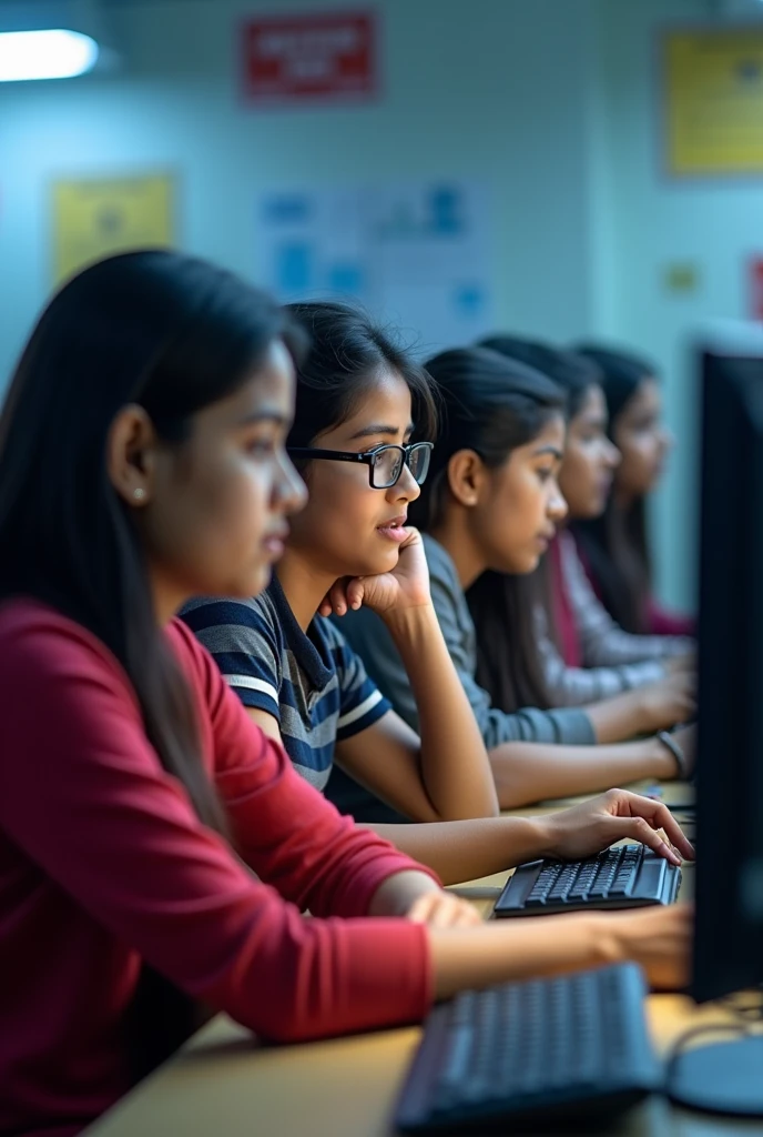 Indian Students are working on computers in computer coaching centre