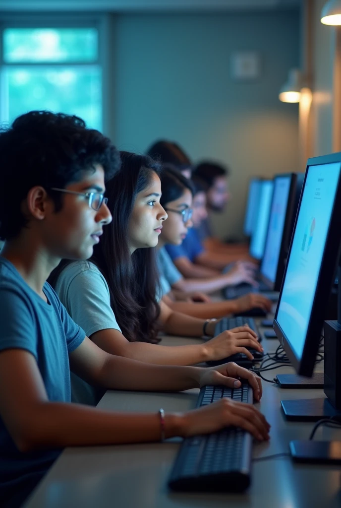 Indian Students are working on computers in computer coaching centre