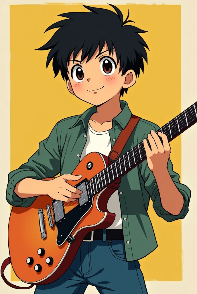 The characters are in the style of cell Japanese animation of the 80's and 90's. This main character (male) is a . He comes from a middle-class family. The boy plays an electric guitar. The camera angle is low.