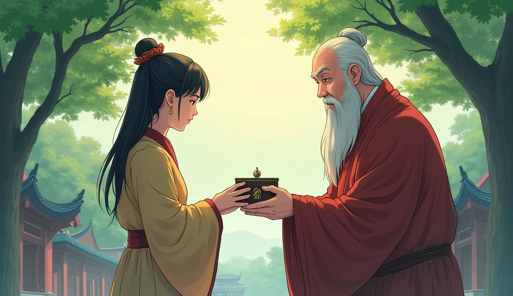 Chinese desciple showing tiny box to chinese old monk Sensei, surrounded by temples and beautiful trees, beautiful scenario, in anime style, 