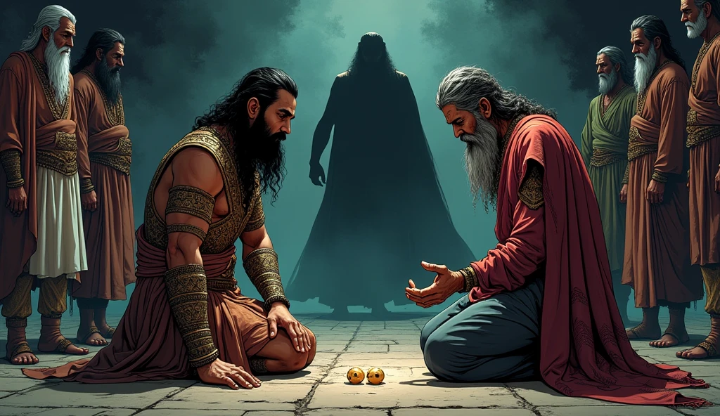 Shakuni, dressed in royal attire, kneels before Dhritarashtra and Gandhari, his face calm and loyal. Behind him, a shadowy reflection reveals his true sinister expression, with the bone dice glowing faintly in his hand. The contrast between his outward loyalty and inner deceit is emphasized.
In comic style