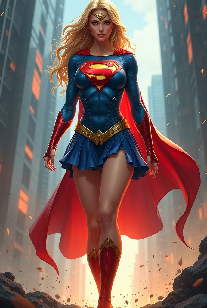 a masterpiece, supergirl/wonderwoman from dc comic wearing alternate blue red golden costume, coy and alluring, full body, Kim Jung gi, freedom, soul, digital illustration, comic style, cyberpunk, perfect anatomy, centered, approaching perfection, dynamic, highly detailed, artstation, concept art, smooth, sharp focus, illustration, art by Carne Griffiths and Wadim Kashin, unique, award winning, masterpiece -- ar 9:16 , -- Chaos 100