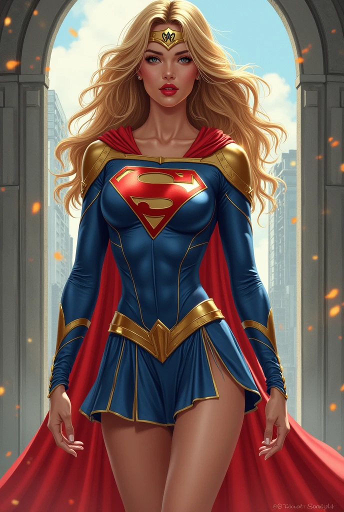a masterpiece, supergirl/wonderwoman from dc comic wearing alternate blue red golden costume, coy and alluring, full body, Kim Jung gi, freedom, soul, digital illustration, comic style, cyberpunk, perfect anatomy, centered, approaching perfection, dynamic, highly detailed, artstation, concept art, smooth, sharp focus, illustration, art by Carne Griffiths and Wadim Kashin, unique, award winning, masterpiece -- ar 9:16 , -- Chaos 100