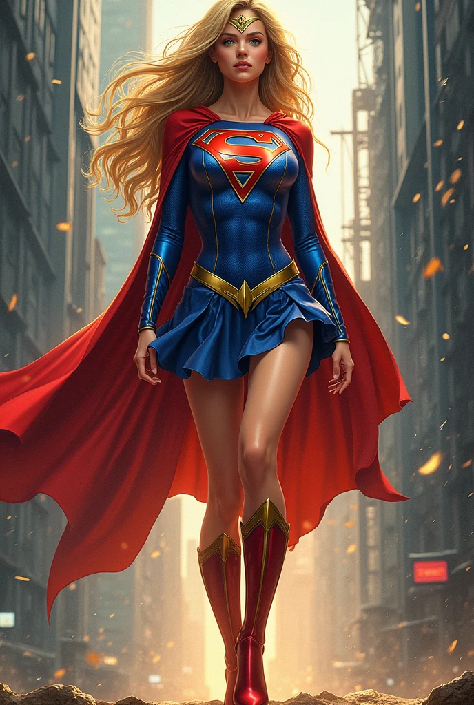  a masterpiece, supergirl/wonderwoman from dc comic wearing alternate blue red golden costume, coy and alluring, full body, Kim Jung gi, freedom, soul, digital illustration, comic style, cyberpunk, perfect anatomy, centered, approaching perfection, dynamic, highly detailed, artstation, concept art, smooth, sharp focus, illustration, art by Carne Griffiths and Wadim Kashin, unique, award winning, masterpiece -- ar 9:16 , --  Chaos 100