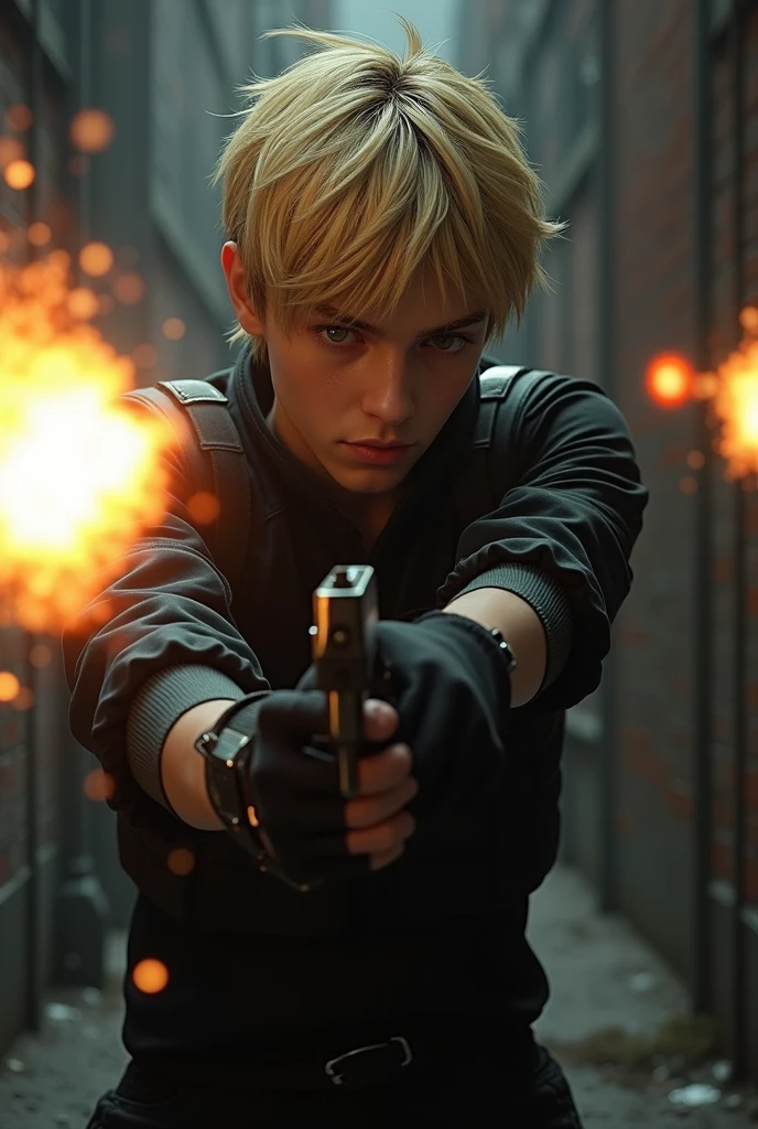 (ultra realisitic) Leon Scott Kennedy exchanging gunfire (forst ) (blondie hair) (black military clothing) (handgun)( Youngh)