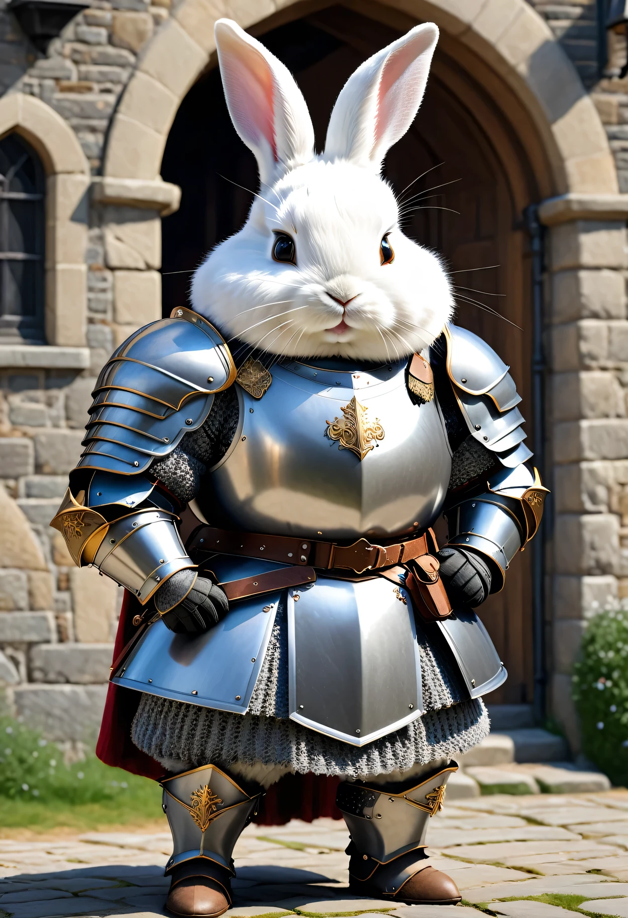 photorealistic portrait of Dressed animals - a ((fat)) (angora rabbit) knight,(hands on hips:1.5 ),(furry), high quality,(lovely) ,intricate detailed armor, highly detailed ((knight armor, greaves, sabaton)) , highly detailed knight equipment , (happy), natural lighting,(full body image:2.0),(stone buildings background),score_9, score_8_up, score_7_up, score_6_up, score_5_up, score_4_up,