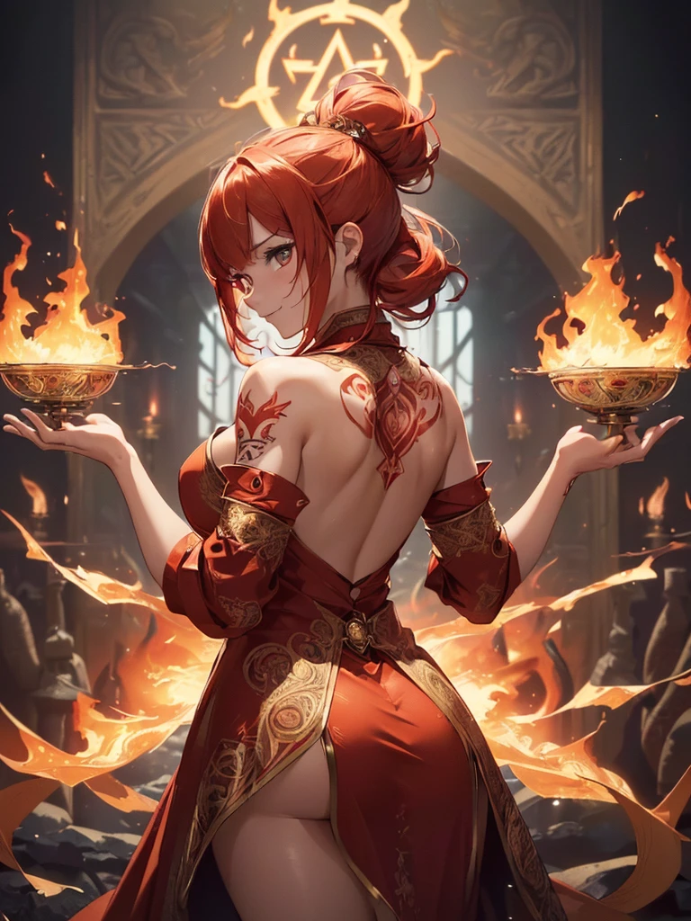 (((best quality, sharp image, clear image, cinematic lighting, 8k resolution, masterpiece, ultra detailed, intricate))) Girl, ((shot from behind)), ((close up)), look at viewer, fire mage, ((intricate background)), ((chaotic background)), red hair, smiling, ((flame runes, flame sigils)), (tatoo on back), slim figure, flying sigils, long dress, cute
