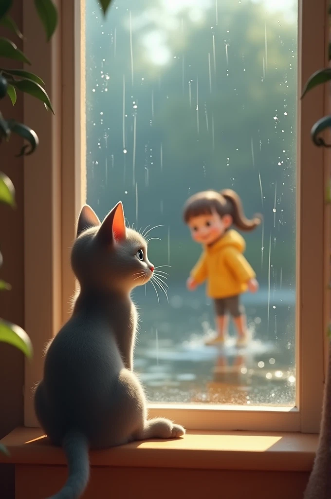 3d Pixar Animation,A gray tabby cat sitting by a window, watching a small girl in a bright yellow raincoat playing in the rain outside. The scene is soft and hopeful, with raindrops on the window and the girl’s laughter faintly visible.