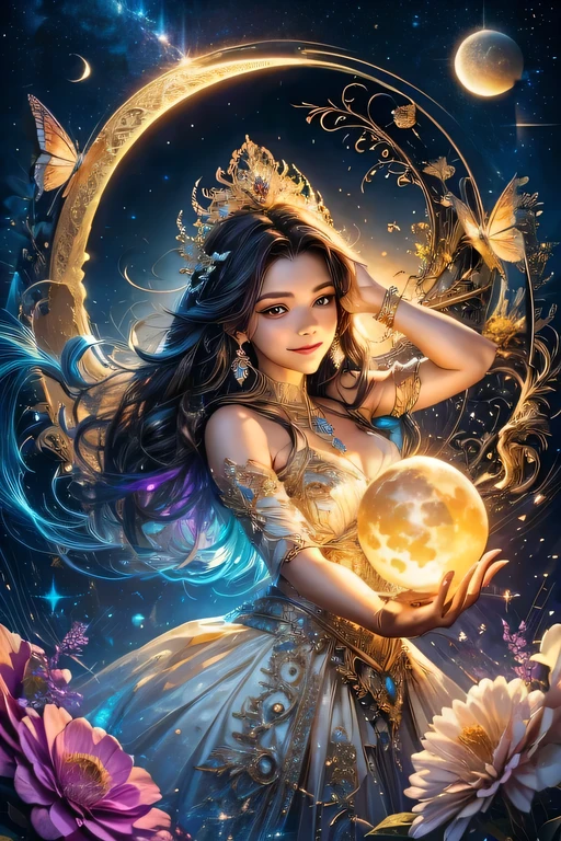 A light orb with magician circle around the orb, hand, many shining butterfly, beautiful smile, sparkle sky, shining, gust of wind, light bright flowers, sun and moon, dark light of fantastic and cosmological with universal. Amazing view very bright and warm starry. Detail, HD, Enchanted. Multiple colours. Beautiful perfect face and anatomy. Amazing bright dress. Very epic and bright, best pose. A goddess. Golden shining accessories. Cute. Sky half bright, half starry dark. Diamond on the crown