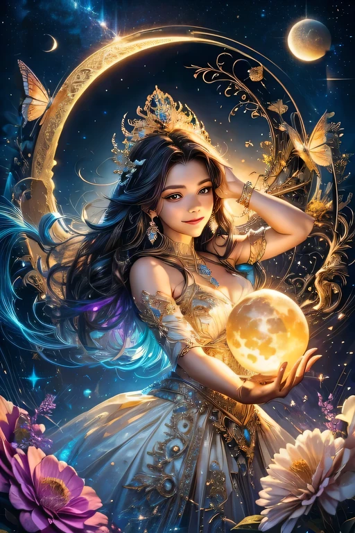A light orb with magician circle around the orb, hand, many shining butterfly, beautiful smile, sparkle sky, shining, gust of wind, light bright flowers, sun and moon, dark light of fantastic and cosmological with universal. Amazing view very bright and warm starry. Detail, HD, Enchanted. Multiple colours. Beautiful perfect face and anatomy. Amazing bright dress. Very epic and bright, best pose. A goddess. Golden shining accessories. Cute. Sky half bright, half starry dark. Diamond on the crown