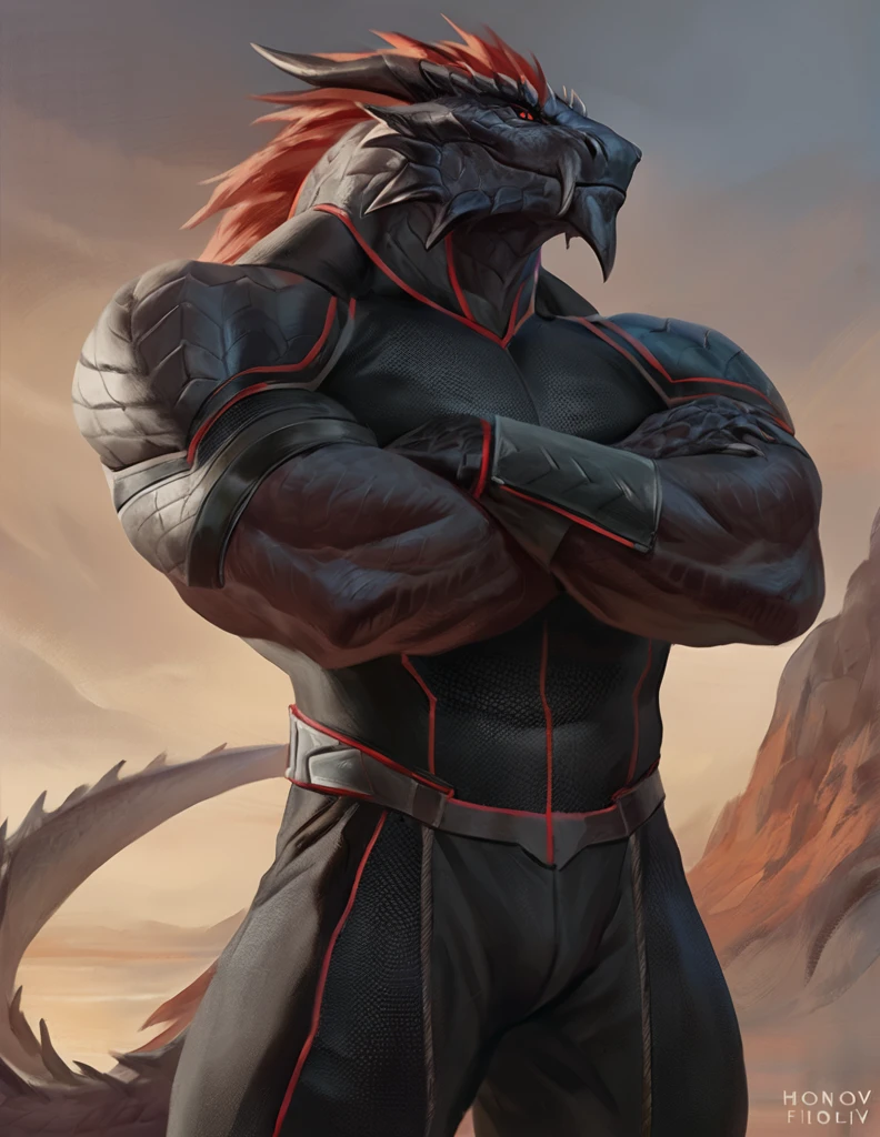 a ferocious male dragonborn, solo, muscular detailed body, standing with crossed arms, full body, black color body, scalie, red eyes, pants, armless bodysuit, comicbook style, best quality, 4k, ultra-detailed, by laobai, by taran fiddler, by honovy