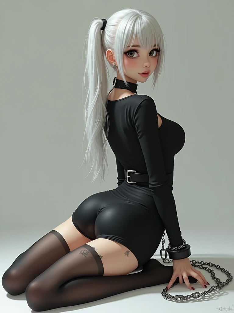 black pencil skirt, black long sleeve top, nude navel,Put your hands behind your back,restraints, white hair, Very long hair, straight hair, Cute, slender body, thin legs, Black thigh high stockings, Nylon stockings, hands in black leather handcuffs, hands, Connected by a chain, amrs togather, masochistic, whole body, on the knees, leather handcuffs, tattoo on the legs, large collar around the neck, 18 years, long eyelashes, mascara, cute face, Older, top to bottom bottom to top, hands behind your back, on the knees, submissive look, on a leash