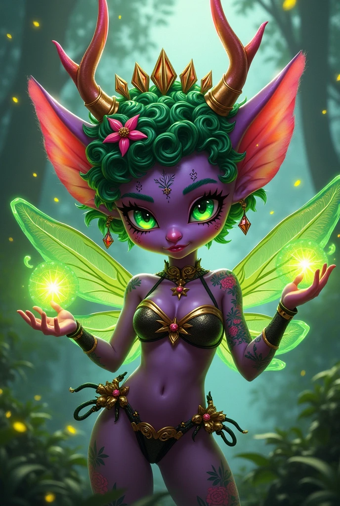 Prismatic coloration. Jungle like environment. A Short young Gremlin like Plant woman with a Deep purple skin tone. She has a gorgeous set of B-cup breasts, curvaceous hips, Slender Legs, & a round but small ass. She has short leaf green curly hair stopping at the top of her neck with various flowers growing within. She is wearing a revealing Yet royal Black & Purple Bikini like armor exposing much of her chest area with Golden celestial designs. She wears an otherworldly royal Tiara on her head. She has a serious face with a sad frown & a stern gaze in her sharp Rainbow Glowing eyes with black sclera & a heavily freckled form. She has long sharp Transparent Crystal like Blood-Red Demonic horns radiating heavenly energy & a set of elegant Elven ears. She has long Ruby red vine like tattoos running all around her body accompanied by Crimson Star-like Tattoos running along them. She has a small cute deer like snout. She has large Crystal Golden Fairy-like wings with a starlike pattern. She is seen in a battle stance summoning verdant green Stardust magic from her fingertips. nsfw
