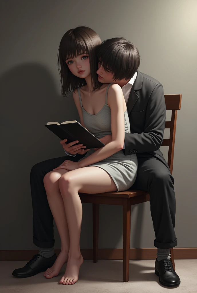 The girl is sitting on a chair wearing a short dress. He has a black book in his hand while a man sitting between the legs of the girl and his face is towards and he is touching girl's breast
