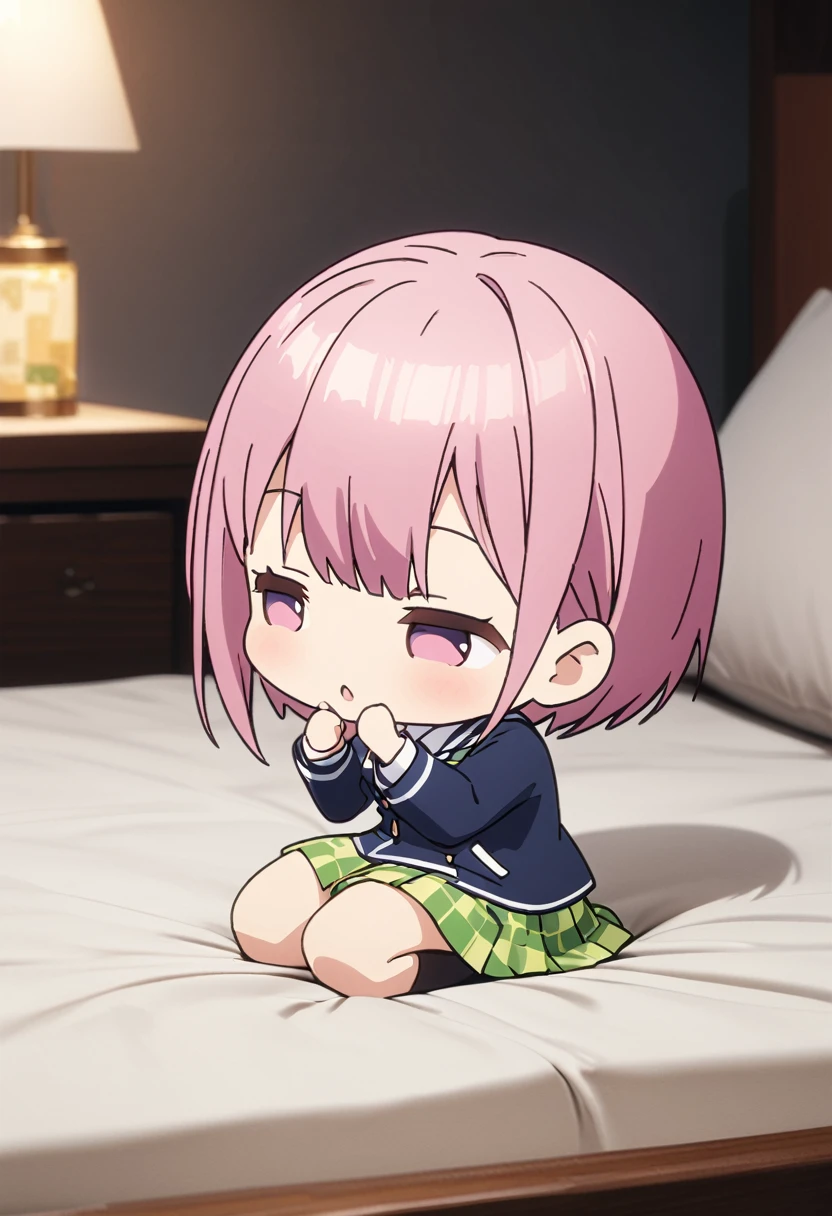 (Highest quality, 4K, 8k, High resolution, masterpiece:1.2), Very detailed, Picturesque, Animated Photography, Photo Animation:1.37)、Japanese schoolgirl、(Pink Hair)、(Pixie Cut)、(chibi:1.4),white shirt、Yellow-green checkered skirt,(high scool uniform:1.2)、navy blue jacket、sitting on bed、seiza、Full body photography、Nakano ichika