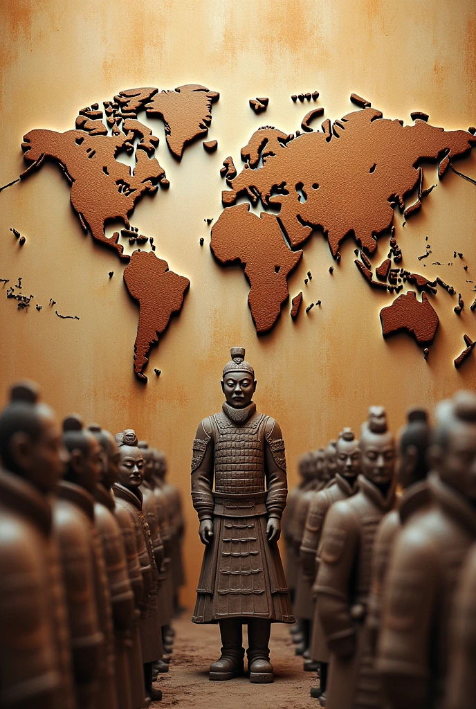 World map with the Terracotta Army marked, global impact shown, UHD, realistic textures.