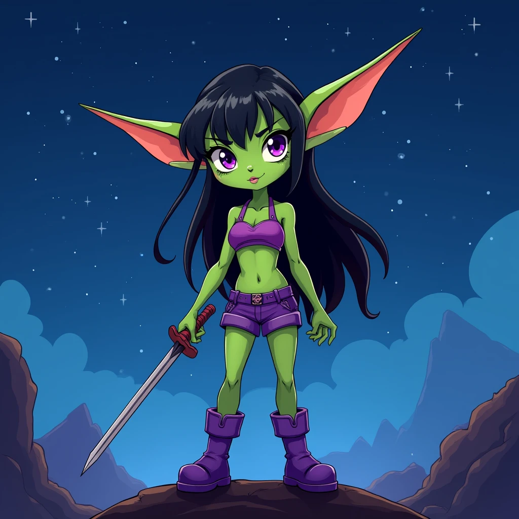 cel shading, outlines, vector art, ((goblin girl)), flat colors, cel shading, outlines, vector art, night time, night sky, short height, 1girl, solo, full body image, very short goblin mage, short stack, ((green skin)), two long ears, long black colored hair, long bangs, sword, dark purple eyes, purple tube top, midriff, purple shorts, gloves, dark purple boots ((intricate detail)),(((realism))), HDR, 8k, absurdres, cinestill 800, sharp focus, add_detail:2, (solo, woman)