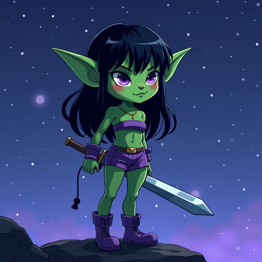 cel shading, outlines, vector art, ((goblin girl)), flat colors, cel shading, outlines, vector art, night time, night sky, short height, 1girl, solo, full body image, very short goblin mage, short stack, ((green skin)), two long ears, long black colored hair, long bangs, sword, dark purple eyes, purple tube top, midriff, purple shorts, gloves, dark purple boots ((intricate detail)),(((realism))), HDR, 8k, absurdres, cinestill 800, sharp focus, add_detail:2, (solo, woman)