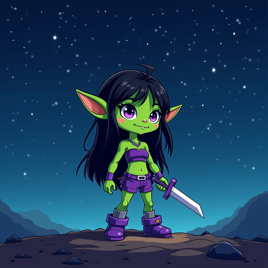 cel shading, outlines, vector art, ((goblin girl)), flat colors, cel shading, outlines, vector art, night time, night sky, short height, 1girl, solo, full body image, very short goblin mage, short stack, ((green skin)), two long ears, long black colored hair, long bangs, sword, dark purple eyes, purple tube top, midriff, purple shorts, gloves, dark purple boots ((intricate detail)),(((realism))), HDR, 8k, absurdres, cinestill 800, sharp focus, add_detail:2, (solo, woman)
