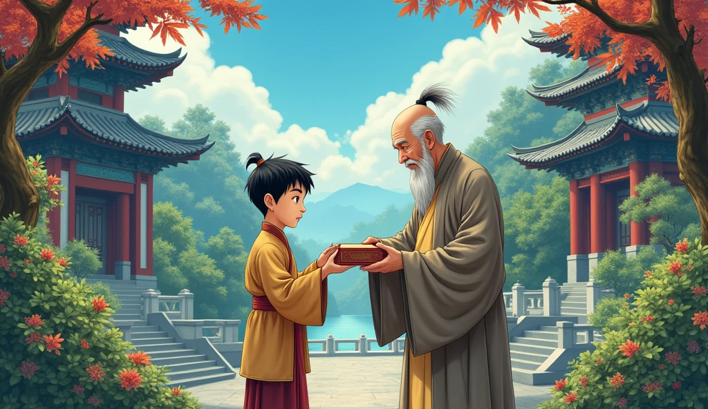 Chinese boy desciple showing tiny box to chinese old monk Sensei, surrounded by temples and beautiful trees, beautiful scenario, in anime style,