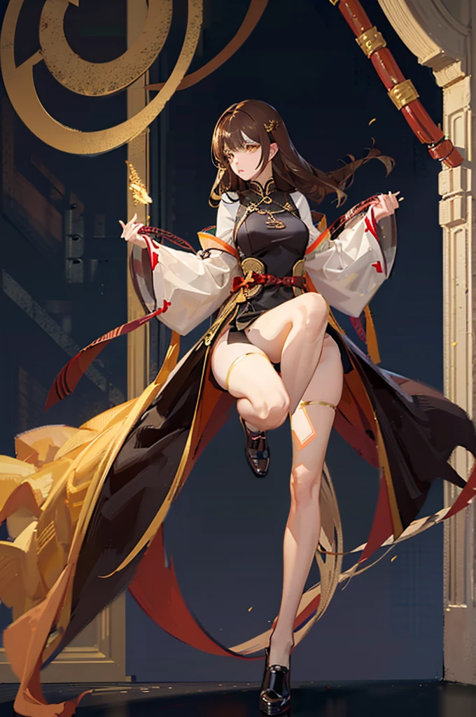 light brown hair , long raw hair, Brown hairpin , yellow eyes , Bagel body type ,flushing , White skin ,Long eyelashes,  Waist thin , busty , black cheongsam , Two Katanas , female , solo , skinny body , thin legs , 