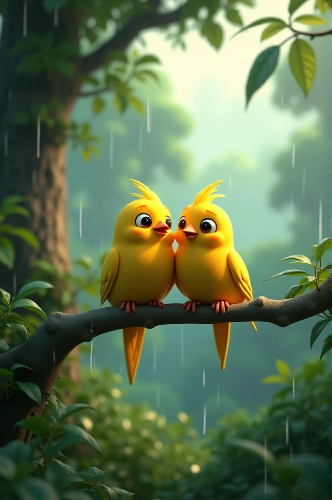 In Cinematic 3d cartoon style"creating thumbnail of two birds sitting on the branch of tree,tree live in the forest, background is rainy season with morning time, birds colour are yellow and Image size ratio 1:1"