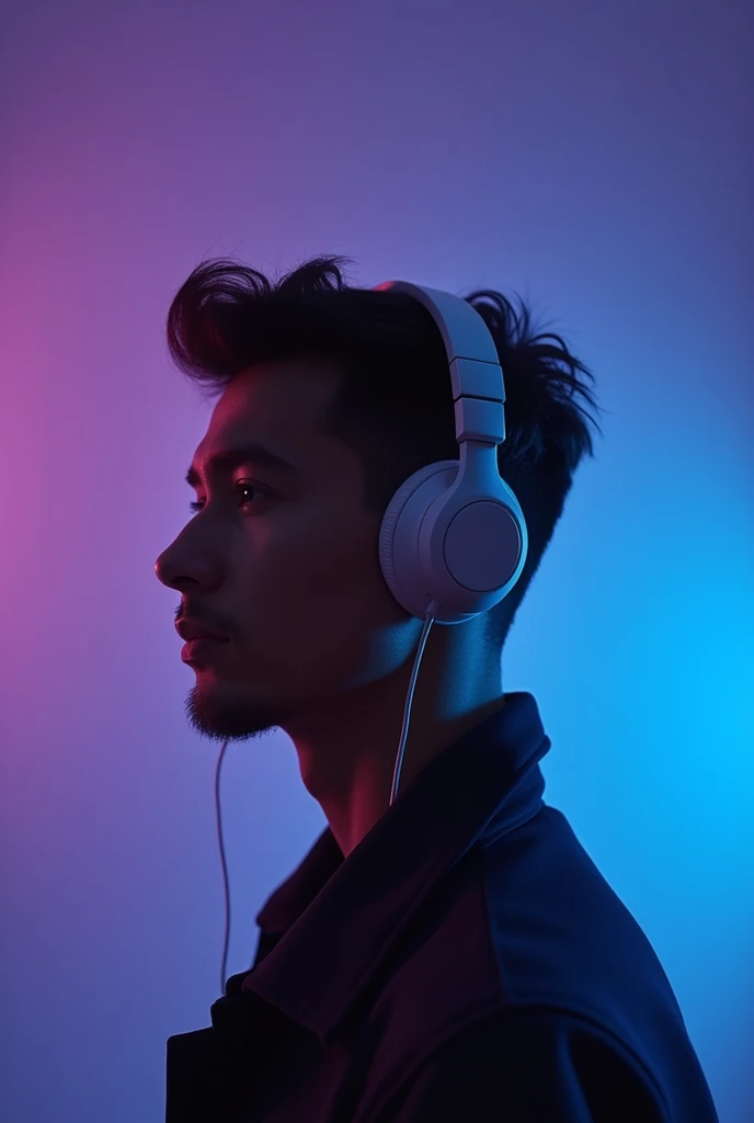 A photo with headphones, 5D matte background purple blue tone.