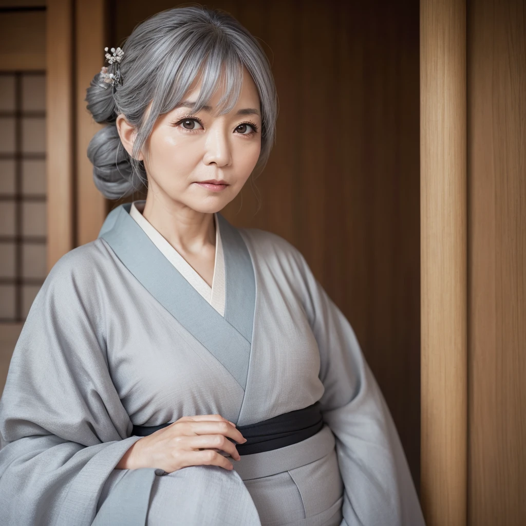 One middle-aged woman、solo, High resolution, Gaze, masterpiece, accurate, Highest quality, Grey Hair, Fuji frame, Japanese hairstyle, Close your mouth, Solemn, Simple Background, kimono、Kimono Pose