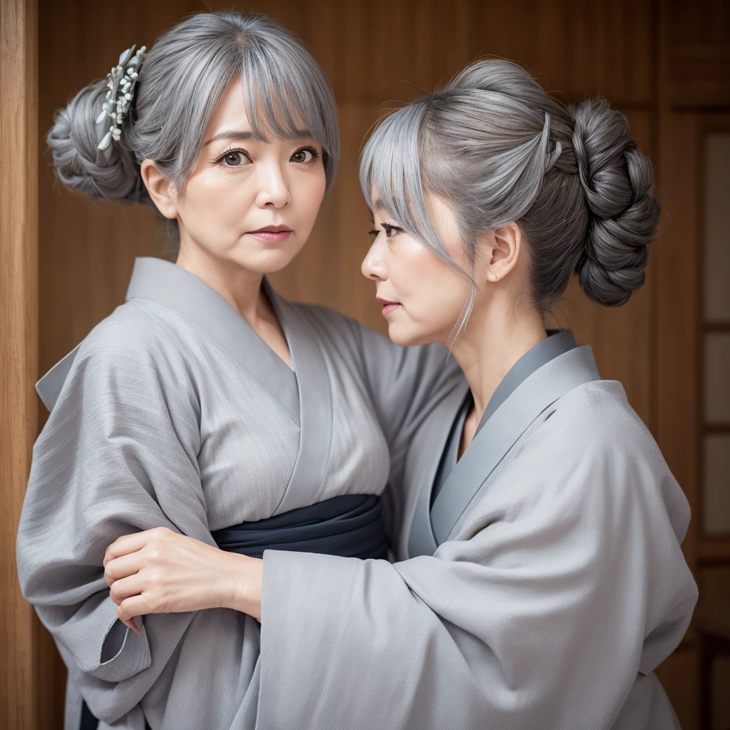 One middle-aged woman、solo, High resolution, Gaze, masterpiece, accurate, Highest quality, Grey Hair, Fuji frame, Japanese hairstyle, Close your mouth, Solemn, Simple Background, kimono、Kimono Pose