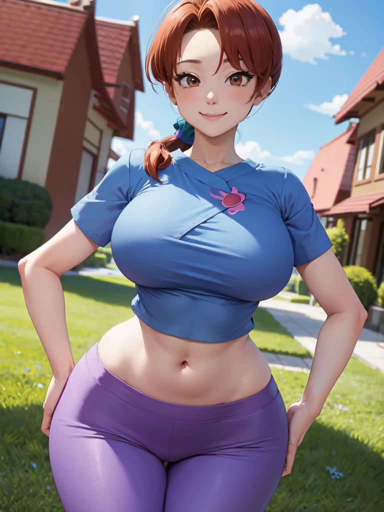 masterpiece, best quality, pkmnDelia, ponytail, pink shirt, ((microo-blue skirt)), pantyhose,smile, upper body, large breasts, house, blue sky,(full body),((wide hips))