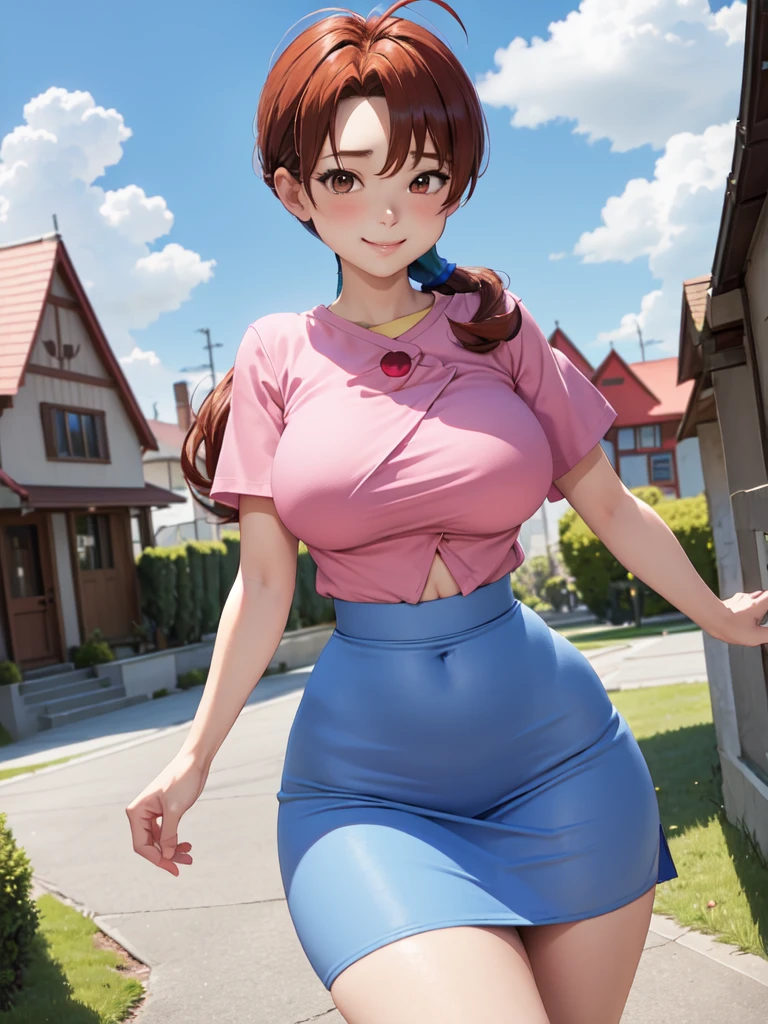 masterpiece, best quality, pkmnDelia, ponytail, pink shirt, ((microo-blue skirt)), pantyhose,smile, upper body, large breasts, house, blue sky,(full body),((wide hips))