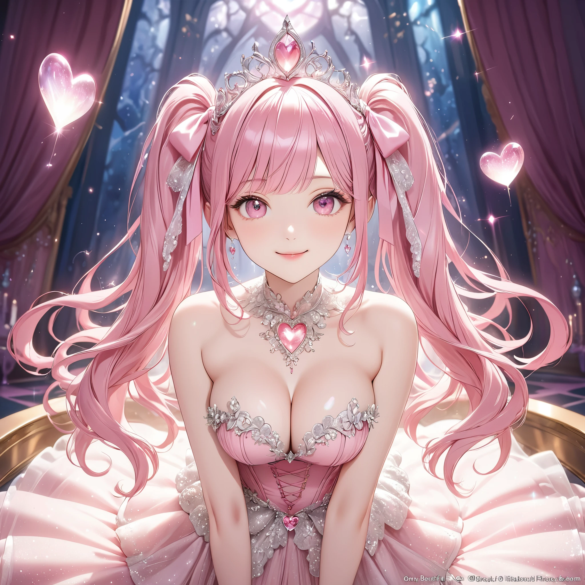 (8k, masutepiece, Best Quality, Official art, beautiful detailed, beautiful lighting, best masterpiece in history that exceeds limits), (1 Girl, solo), (sixteen years old), (beautiful detailed face), (shiny white skin), (Beautiful big bust, cleavage:1.2), (Beautiful detailed pink twintails hair, Bangs:1.3), (beautiful detailed drooping pink eyes:1.5), (Beautiful Luxurious pink witch Dresses, black See-through intricate lace, cute bow ribbon, a lot of see-through frill, pink sheer chiffon material, silver thread, Diamond, pink corset), (Beautiful Luxurious Diamonds Tiara), (happy smile:1.2), (Attractive, Look at the camera, cute pose), breathtaking scenery, (ultra detailed beautiful mysterious fantastic pink magical room, Sparkling pink heart magical effect, Magic Heart wand:1.3),