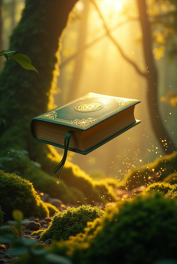 Book in a green magical forest with gold glitter in the background and sunshine.