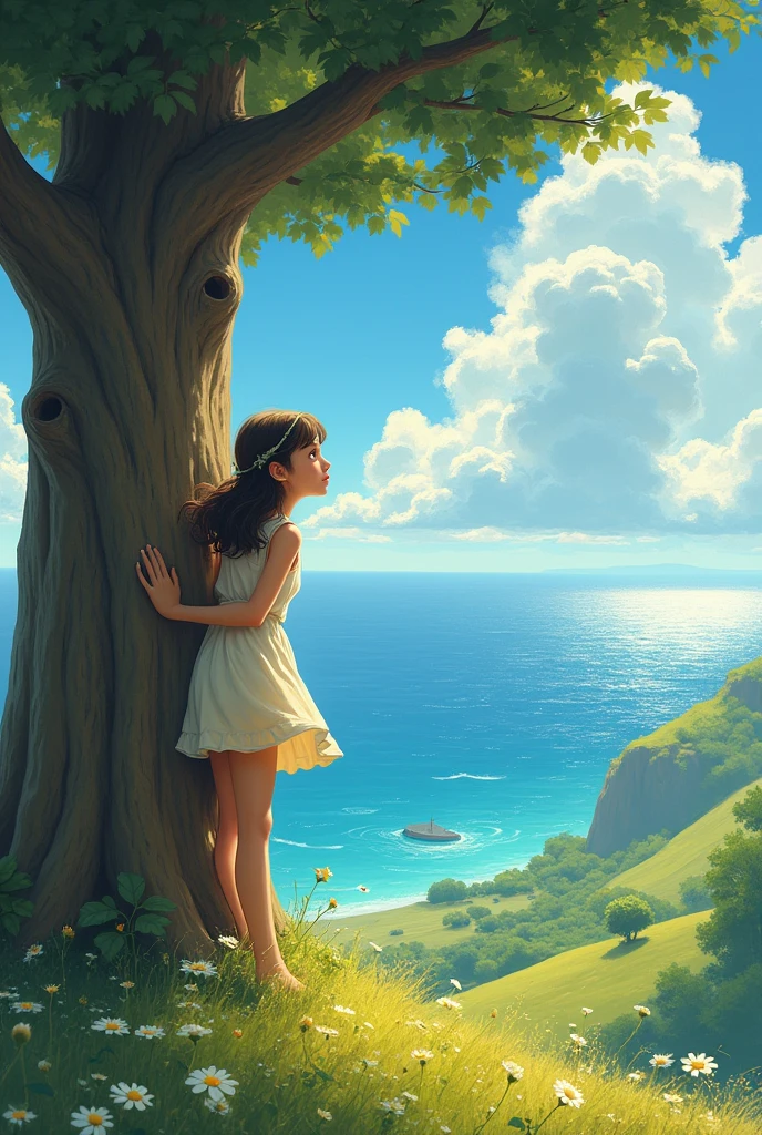 Girl, clinging to a big tree, looking at the sea