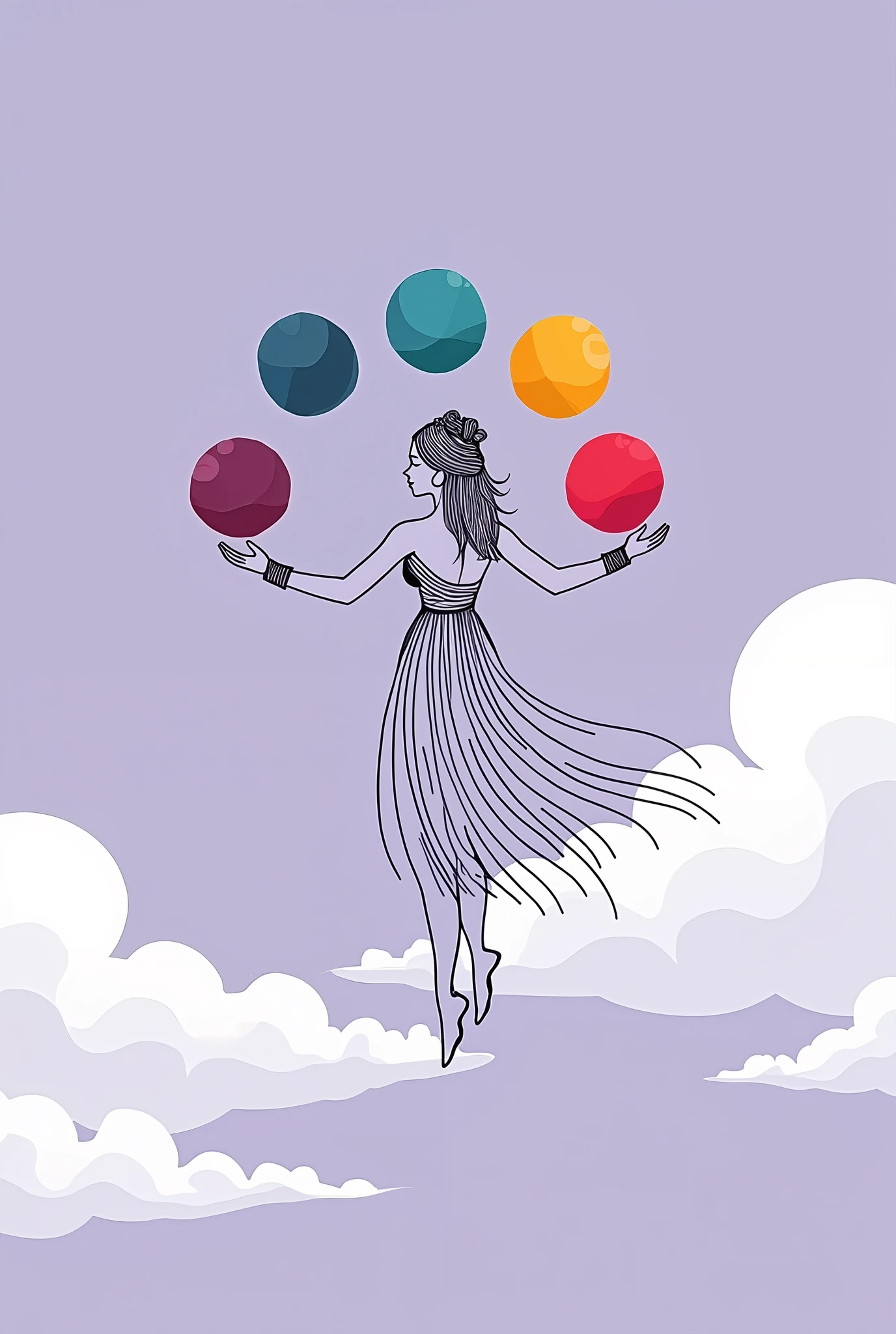 Design a minimalist logo featuring Nuwa mending the sky with the five-colored stones.

Line Design: Use delicate and minimalist lines to reflect Nuwa's beauty, determination, and wisdom.
Color Scheme: Employ a purple background with detailed elements in five colors to highlight the dynamic of Nuwa repairing the sky.
Overall Effect: Ensure the design is vibrant, showcasing rich colors and dynamic movement with a sense of leaping energy.
Background: Incorporate a white-to-gray gradient background.