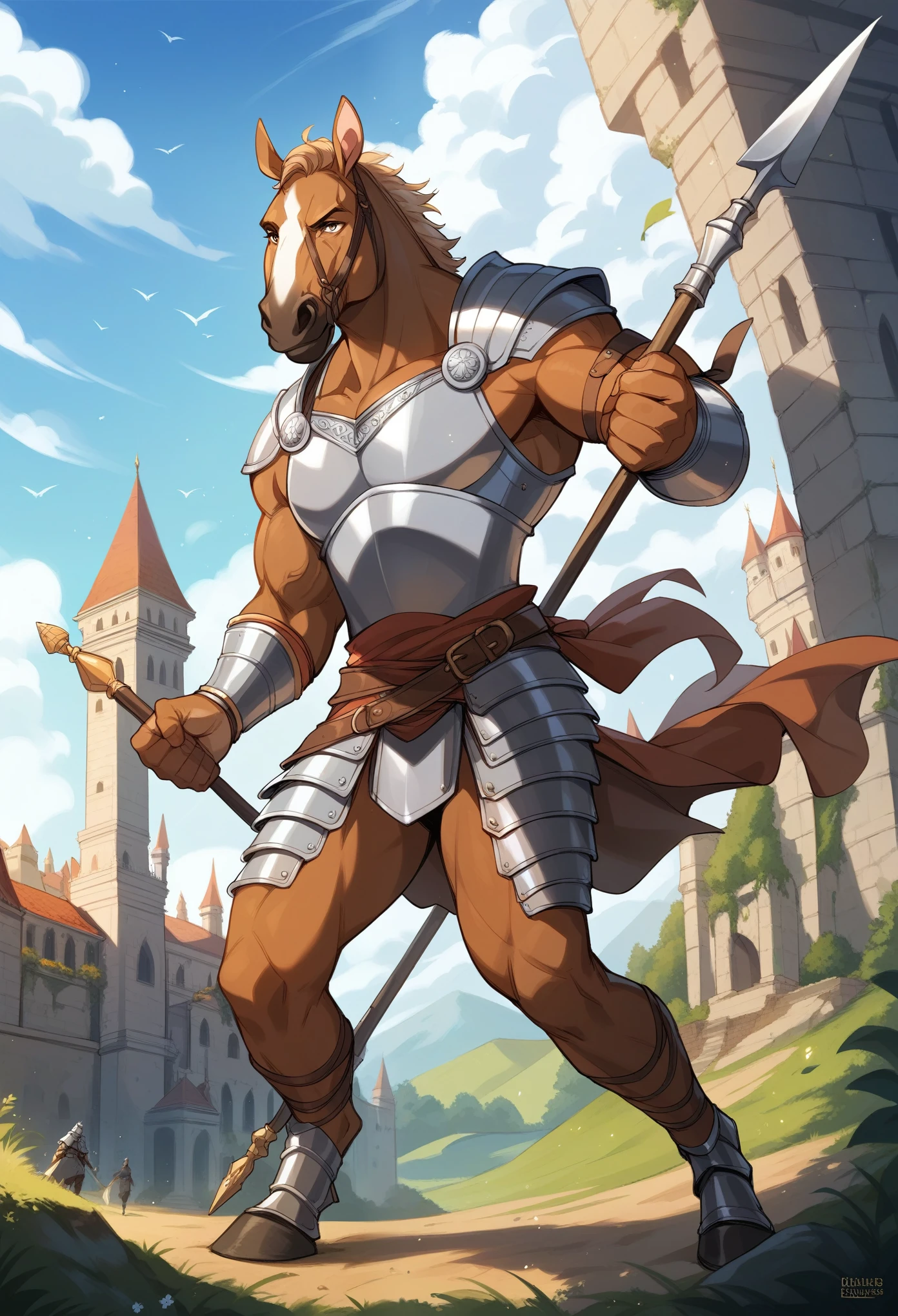 rating_safe, score_9, score_8_up, score_7_up, score_6_up, score_5_up, score_4_up, hires, source_furry, Castle, absurdres, Perfect Anatomy, Beastman, Solo Focus, horse Anthro, Gatekeeper, Armor, Spear, Medieval Warrior(Dense and Detailed Muscles)Full Body, Fighting Pose,