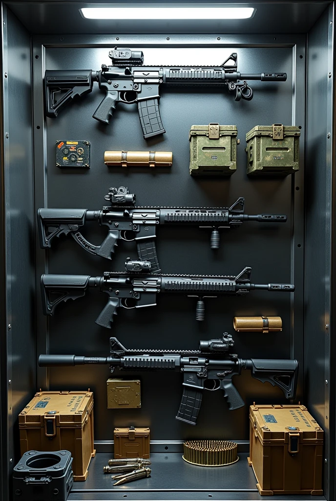 titanium cache, weapons, customized m4 carbine, shotgun, mp5 suppressed, with a ammunitions beside of the box