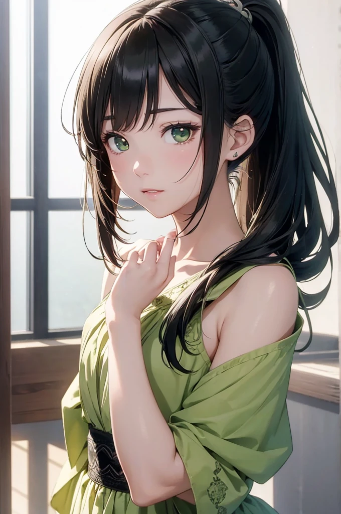 1. Female, face, (1. Female:1.37, alone), (美しいface, かわいいface, 詳細なface), (Black Hair, Semi-long hair, ponytail), (((Beautiful green eyes with beautiful details))),Idol, break, sunny, At the Beach, All lace dress, Dynamic Pose, One cut from a music video, Very detailed CG 統合 8k 壁紙, Very nice 8K CG wallpaper, Anime Moe Art Style, Cute anime visuals, Anime Styleのポートレート, Anime Styleに, Beautiful Anime, 8K Anime Art Style, Anime Style、Detailed 8K animation, (masterpiece, Highest quality), High resolution, Very detailed, Ultra Sharp, Cinema Lighting