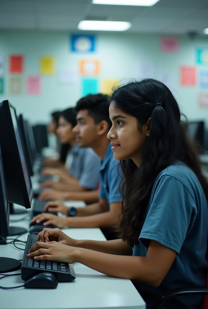 Indian Students are working on computers in computer coaching centre front side