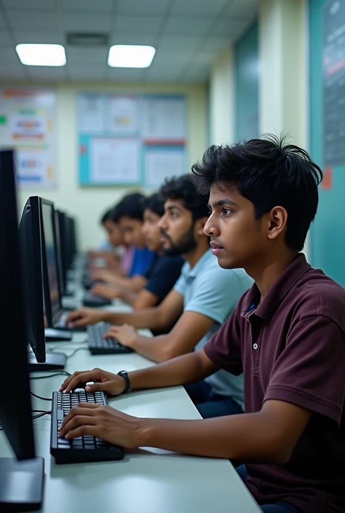 Indian Students are working on computers in computer coaching centre front side