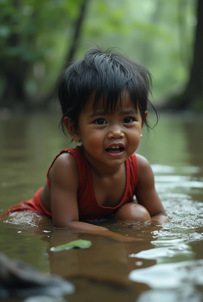 (photorealism:1.2), beautiful bangladeshi child, sitting on dangerous flood water, around flood water and tree,emotional mood with tear of water