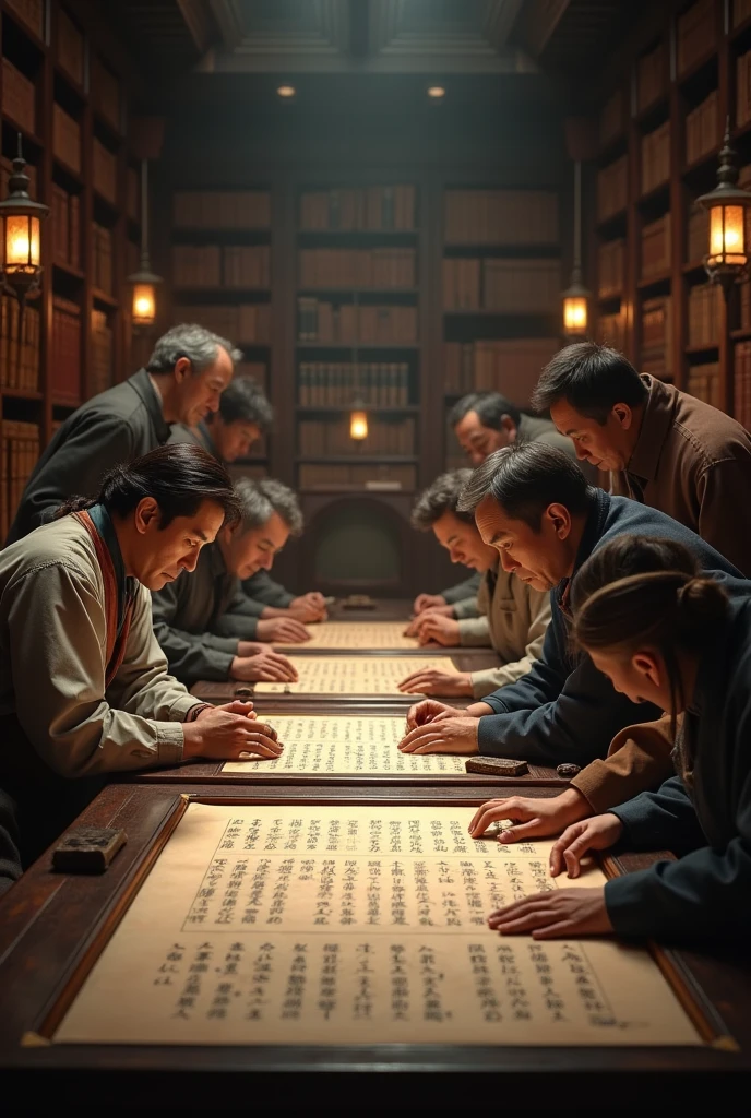 Scholars examining ancient Chinese texts and artifacts, detailed, UHD, realistic lighting.