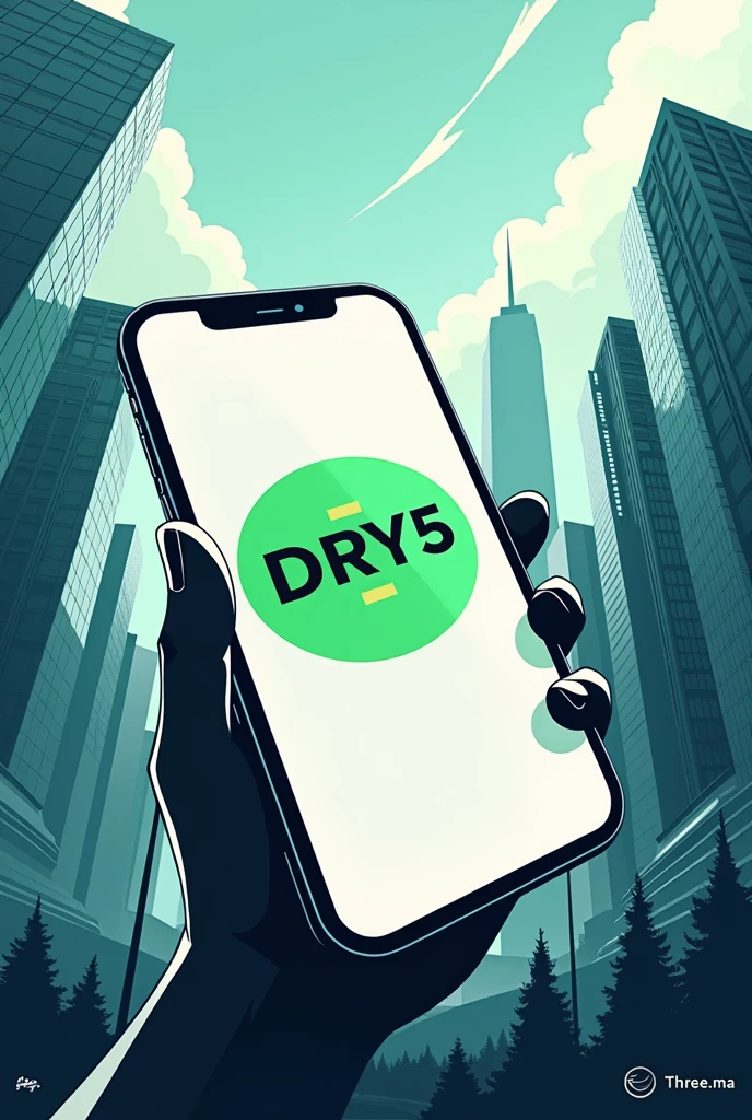 An iPhone with the threemalogo in green with the name DRY5 open and skyscrapers in the background, DRY5 large and in capital letters